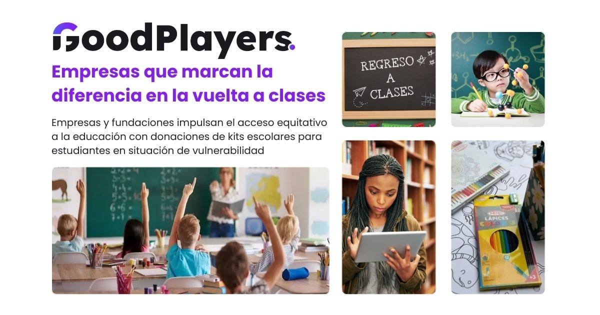 Colaboradores entregando kits escolares a niños en comunidades vulnerables, promoviendo la educación inclusiva a través del voluntariado corporativo. Goodplayers