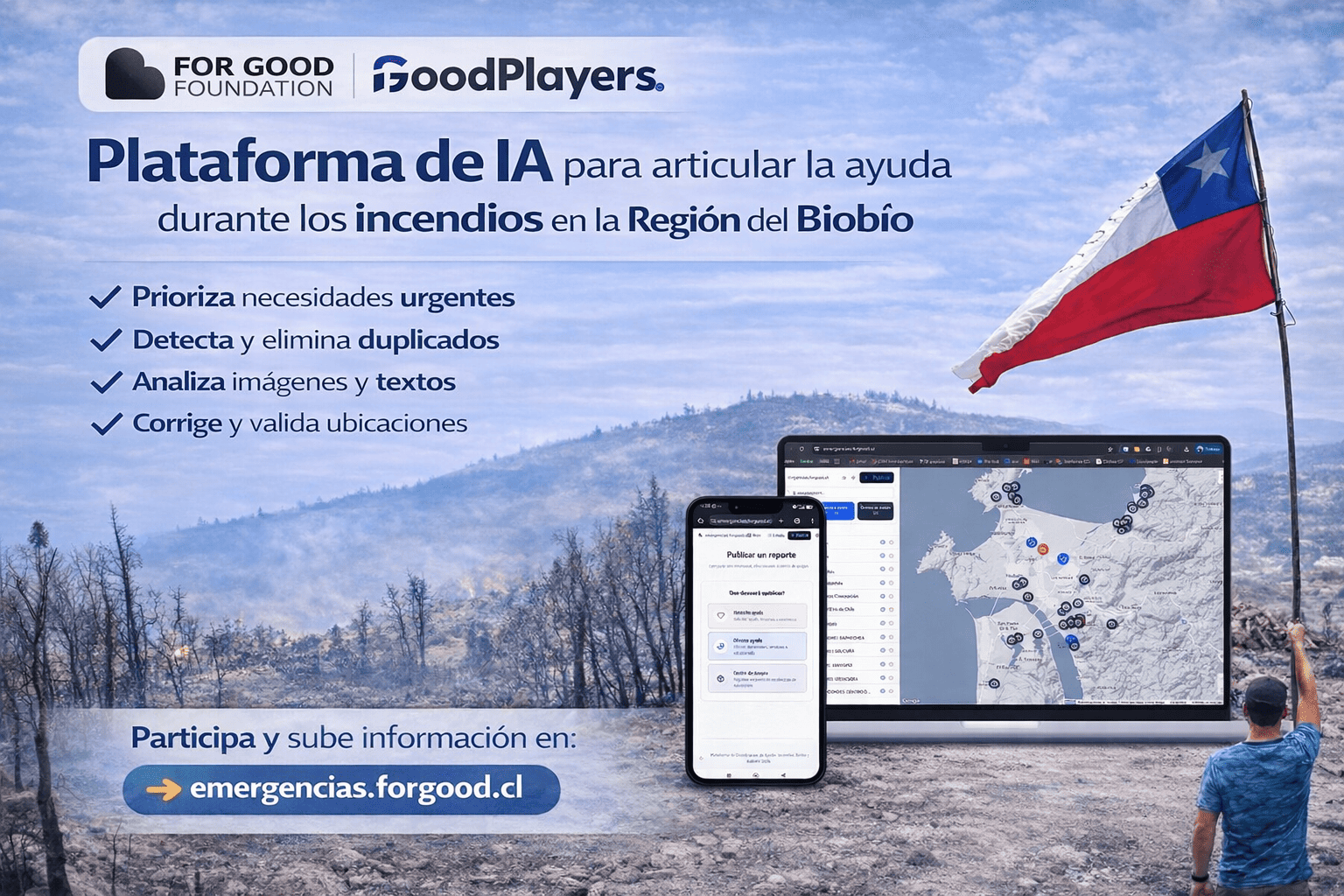 Plataforma de IA para articular y priorizar la ayuda durante los incendios en biobio, centralizando información validada para una respuesta rápida y coordinada.